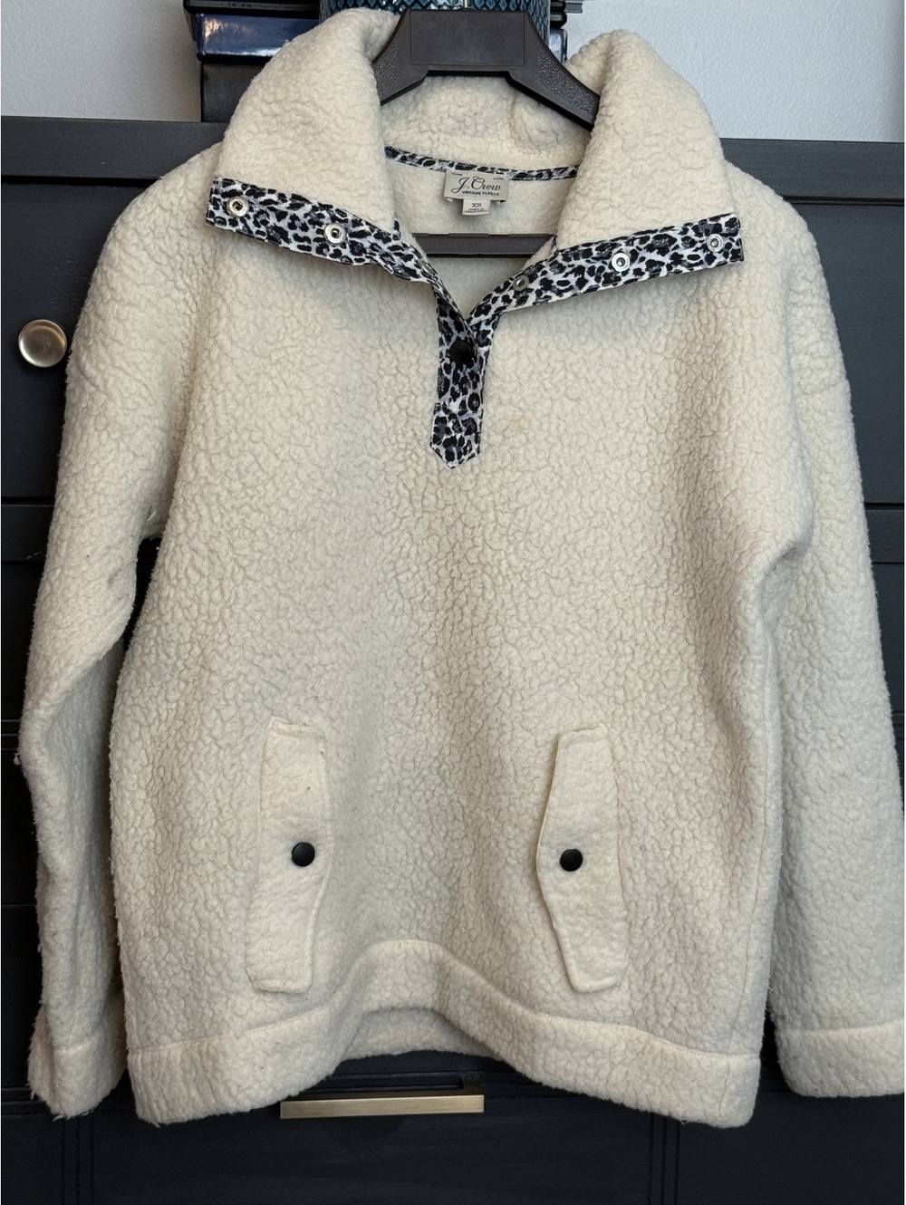 J.Crew Vintage Fleece Pullover Sweater XS Cream with Leopard Trim